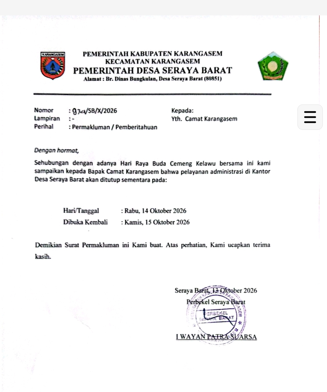 Permakluman Tutup Pelayanan Administrasi Kantor Desa Seraya Barat